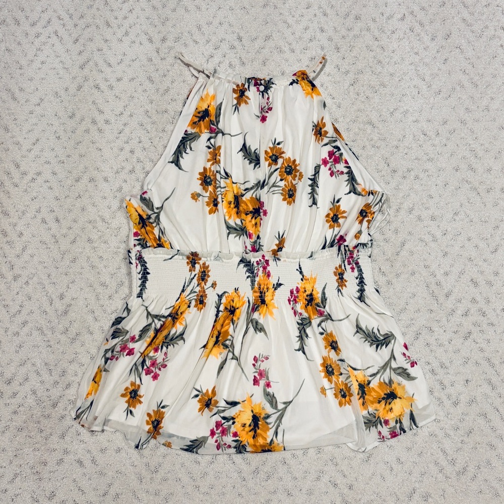 Express Floral Halter Top Women Large Smocked Peplum Waist Cream Yellow Girly - Picture 3 of 11